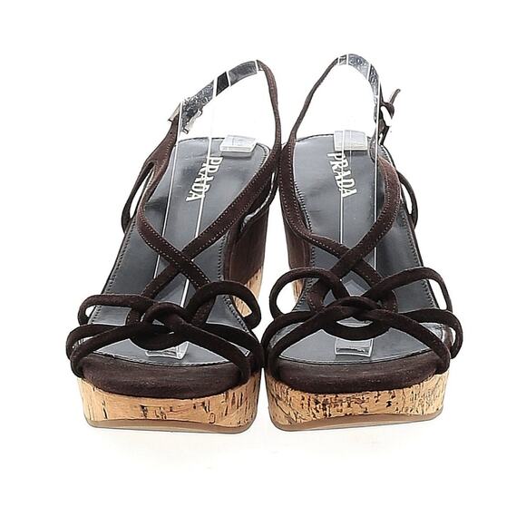 PRADA Brown Suede Cork Heel Platform Wedge Sandals Size EU 38 - Picture 3 of 11